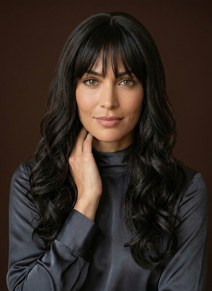 Kobieta w&nbsp;długiej, czarnej peruce okazjonalnej z&nbsp;falami i&nbsp;prostą grzywką. Elegancka stylizacja na&nbsp;ciemnobrązowym tle z&nbsp;oferty salonów Rokoko.