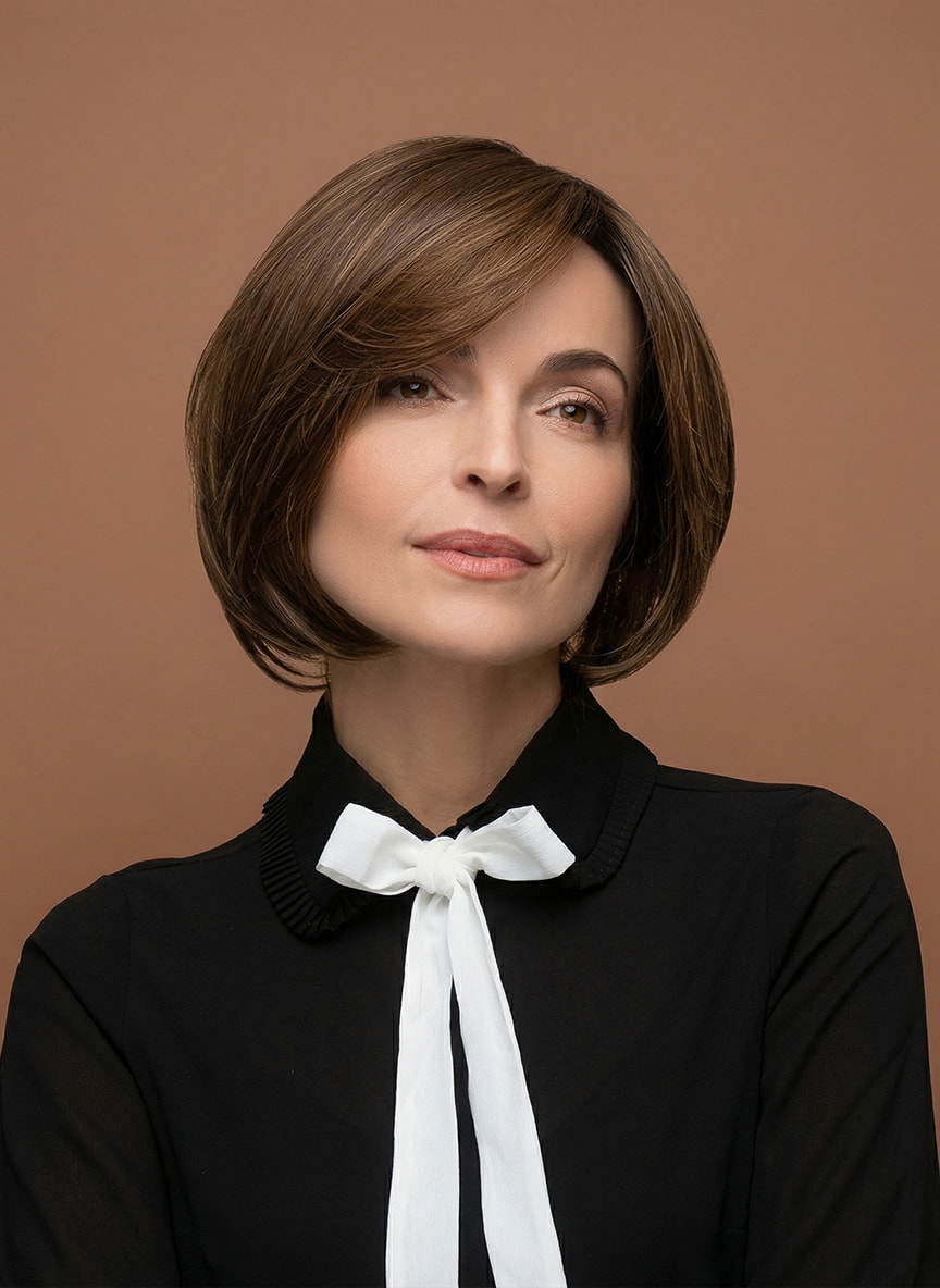 Kobieta w&nbsp;krótkiej, brązowej peruce syntetycznej z&nbsp;grzywką ułożoną na&nbsp;bok. Asymetryczne cięcie typu bob z&nbsp;oferty salonów Rokoko.