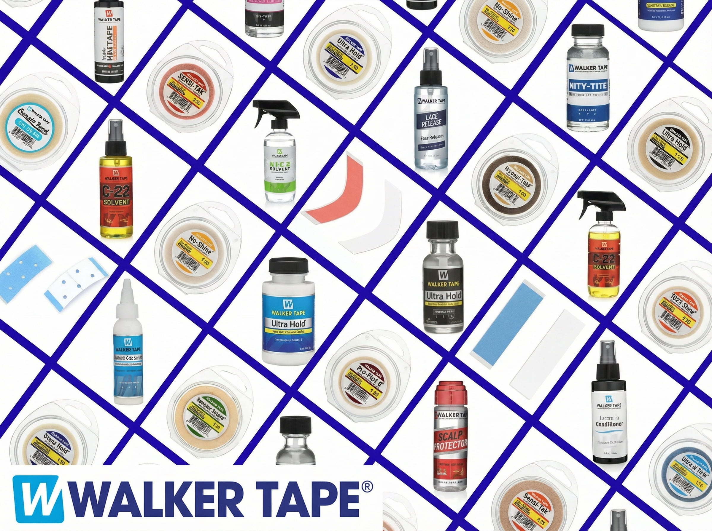 Grafika w&nbsp;formie mozaiki prezentująca liczne produkty marki Walker Tape (kleje, płyny, taśmy) na&nbsp;tle utworzonym z&nbsp;przecinających się niebieskich linii.